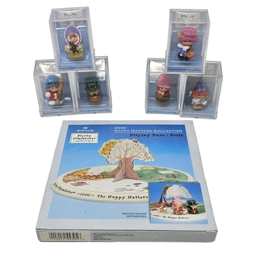 VTG Hallmark Merry Miniatures Lot Of 6 Happy‎ Hatters Figures Plus Display Base